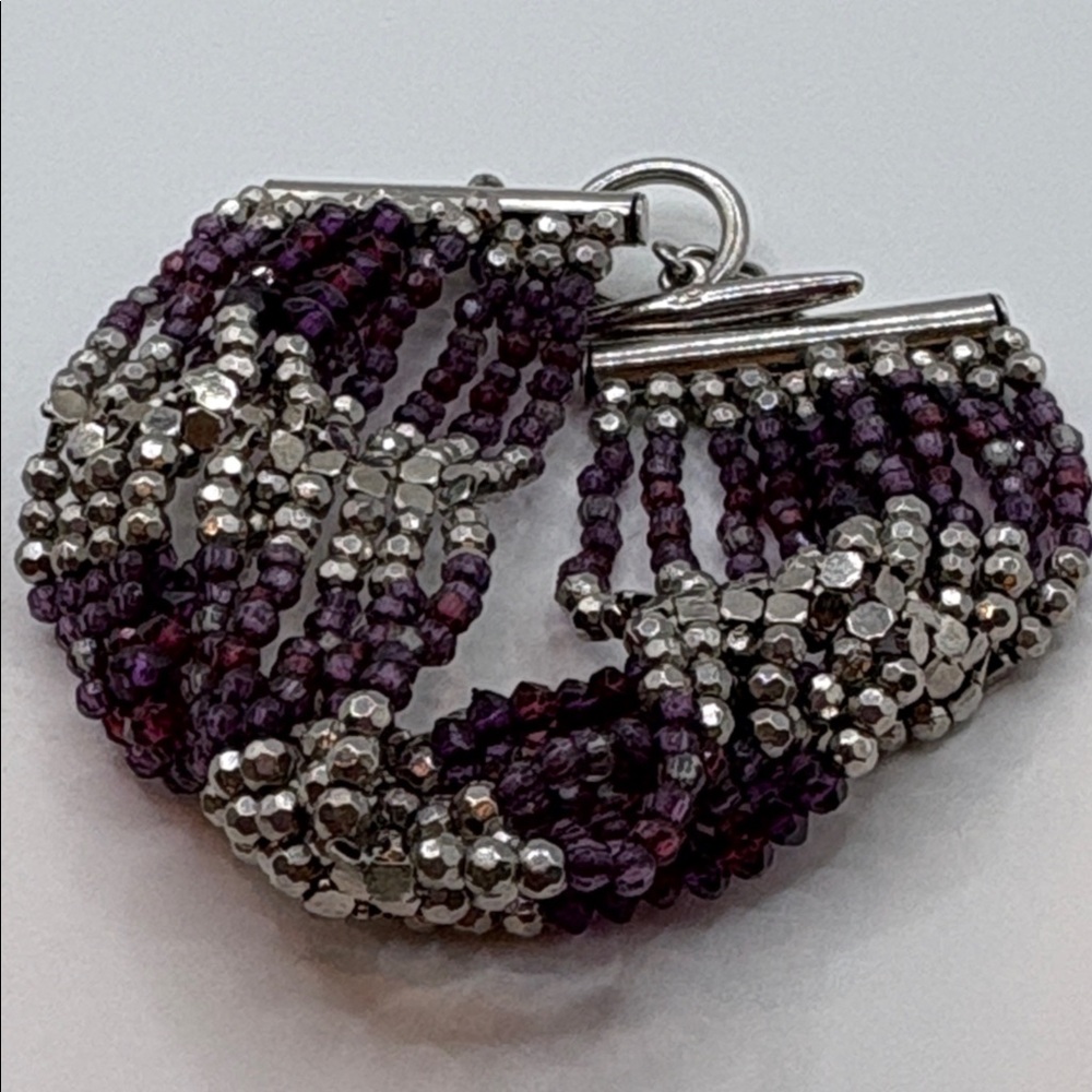 Dainty Beaded Bracelet Toggle Clasp Silver & Violet Beads 7.25” 11 strands